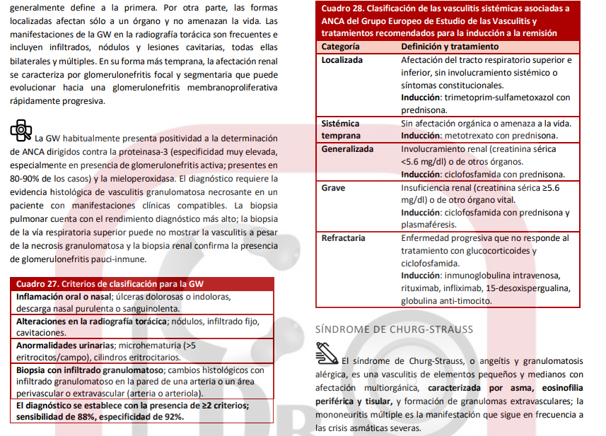 Cuadro 28. Clasificación de las vasculitis sistémicas asociadas a ANCA del Grupo Europeo de Estudio de las Vasculitis y tratamientos recomendados para la inducción a la remisión